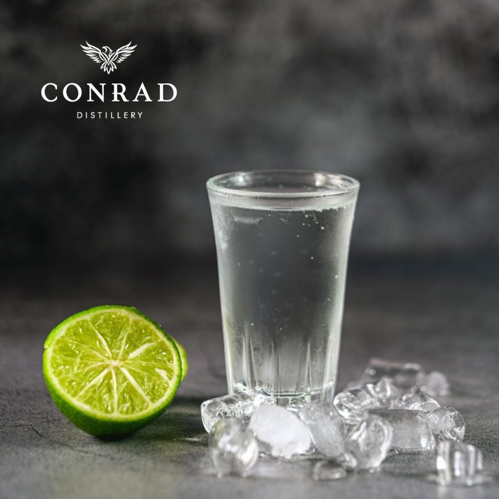 Ice-cold Conrad Vodka served in a frosted shot glass with fresh lime and ice.