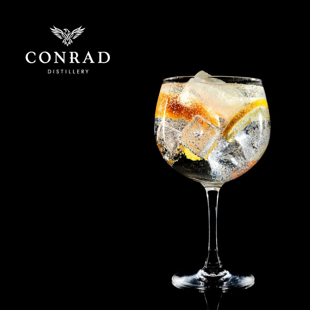 Balloon glass gin and tonic with orange and lemon peel — Conrad Mediterranean Gin cocktail