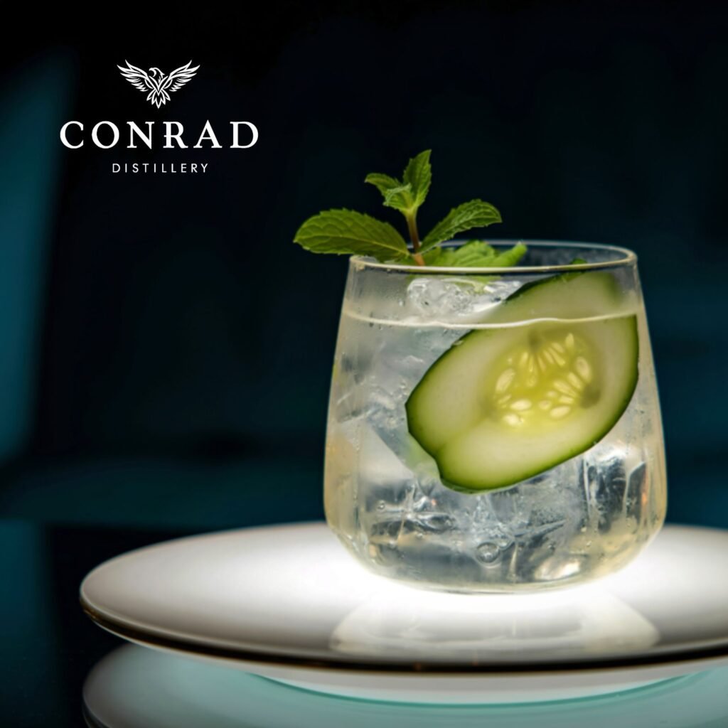 “Conrad Sidecar Gin and Tonic with cucumber slice and mint garnish on a white plate”