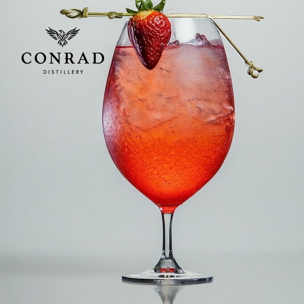 Conrad Pink Gin cocktail served over ice in a stemmed glass, garnished with a fresh strawberry, highlighting the gin’s strawberry and lime profile.