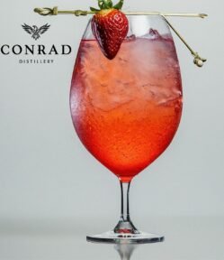 Conrad Pink Gin cocktail served over ice in a stemmed glass, garnished with a fresh strawberry, highlighting the gin’s strawberry and lime profile.