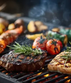 Barbecue grill with seafood, steak and vegetables seasoned with gin botanical rubs