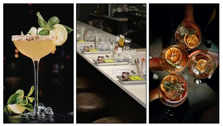 Cocktail experience at Conrad Distillery featuring a citrus cocktail, gin blending class setup and friends toasting drinks.