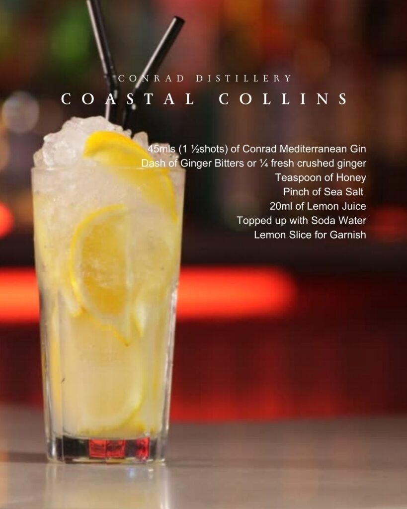 Coastal Collins cocktail made with Conrad Mediterranean Gin, lemon slices, and soda in a tall glass over ice.