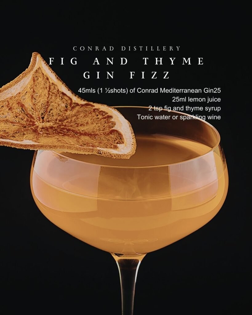 Fig and thyme gin fizz cocktail made with Conrad Mediterranean Gin and garnished with dried fig slice.