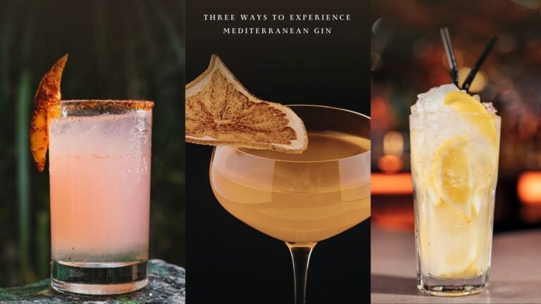 Three Mediterranean gin cocktails including a citrus highball, coupe serve with dried citrus garnish, and lemon gin and soda.