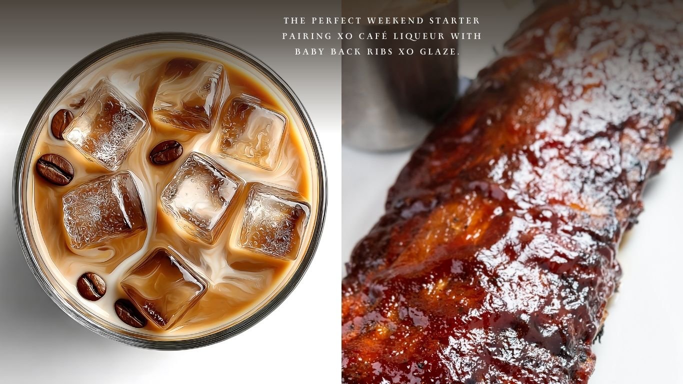 Conrad XO Café liqueur served over ice beside slow-cooked baby back ribs glazed with rich coffee liqueur sauce