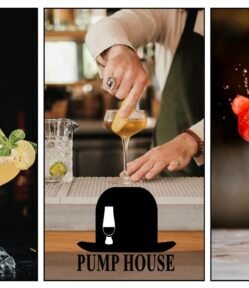 Three elegant cocktails styled for the Pump House Club, showcasing Conrad Distillery’s premium spirits and exclusive member experience.