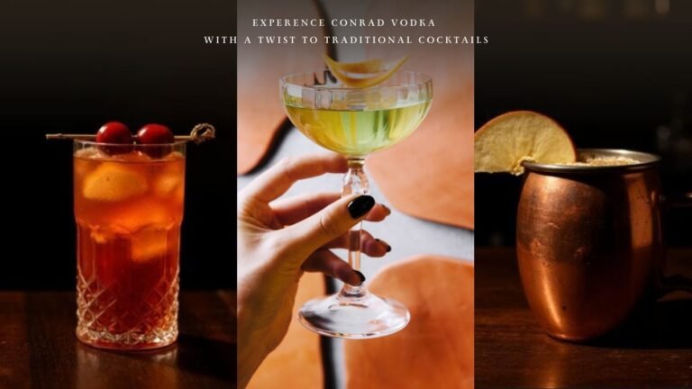 Three Conrad vodka cocktails including Dirty Shirley, Orchard Martini and Copper Crush served in classic cocktail glasses.