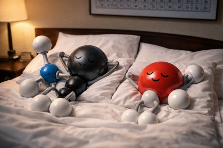 Illustration of ethanol and water molecules resting together, symbolising structure and balance in spirits.