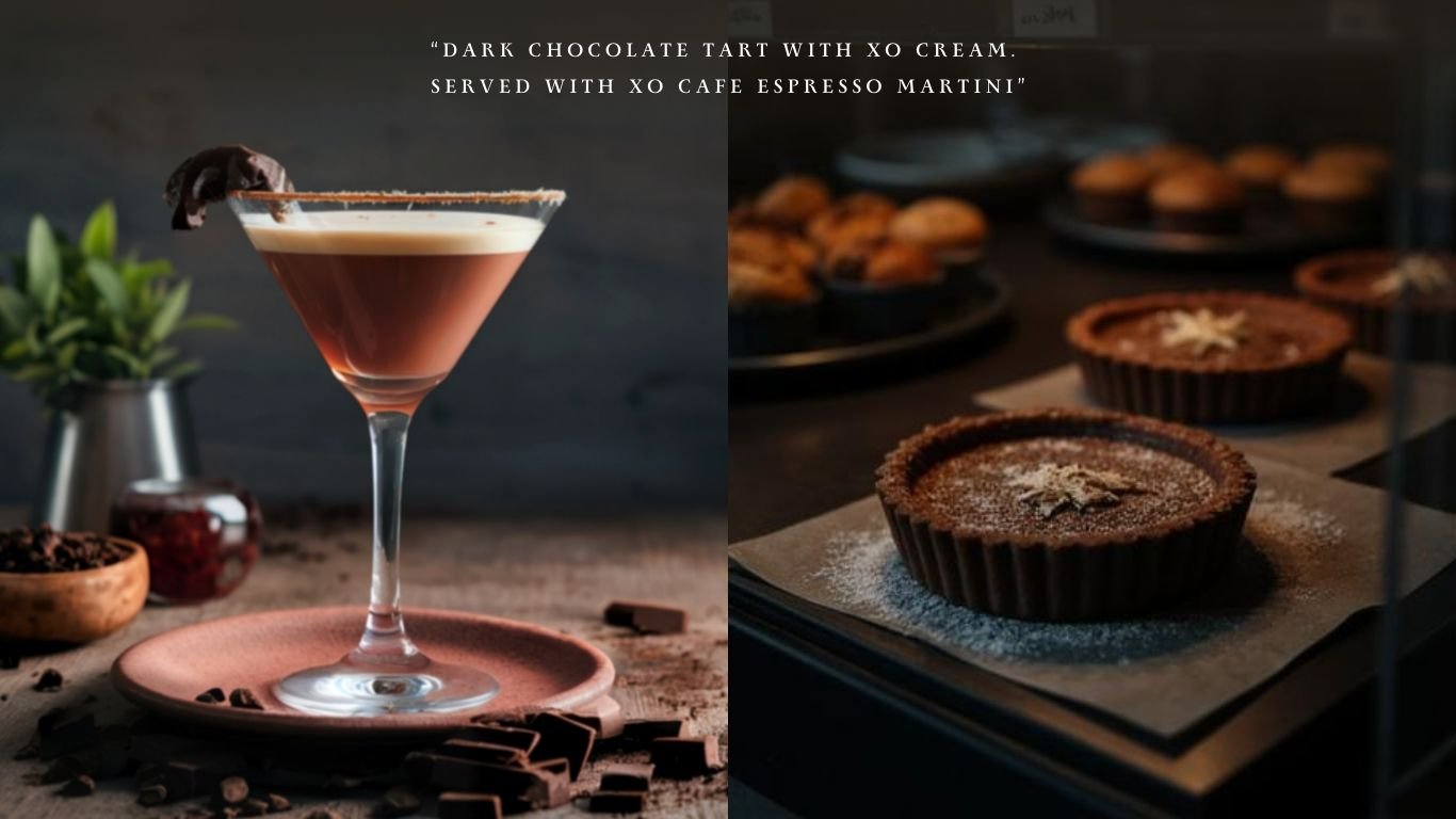 XO Café espresso martini paired with a dark chocolate tart dessert on a rustic table.
