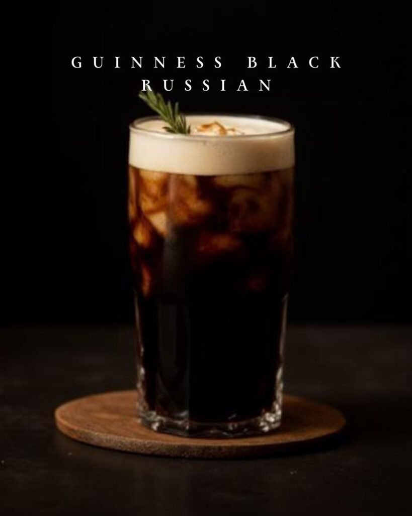 Guinness Black Russian cocktail with vodka, coffee liqueur and stout topped with creamy foam.