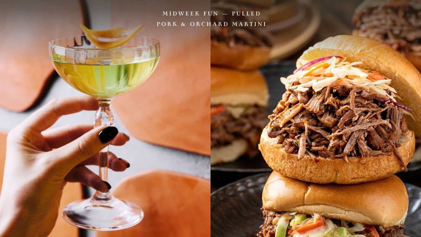 Orchard Martini cocktail in coupe glass paired with pulled pork burger topped with slaw.