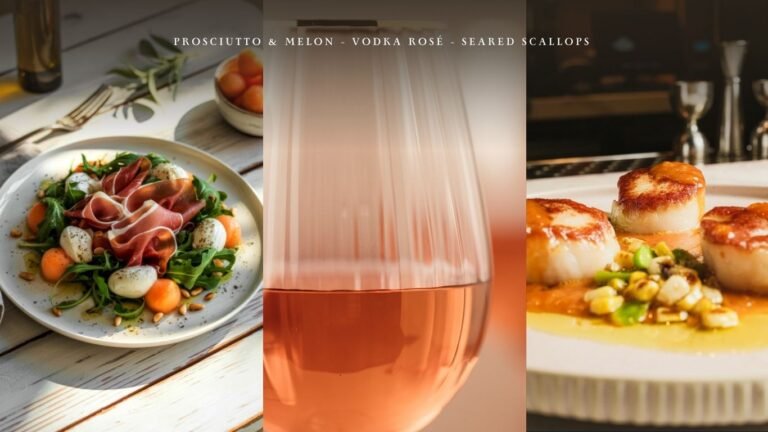 Prosciutto and melon salad with seared scallops paired with a glass of vodka rosé.