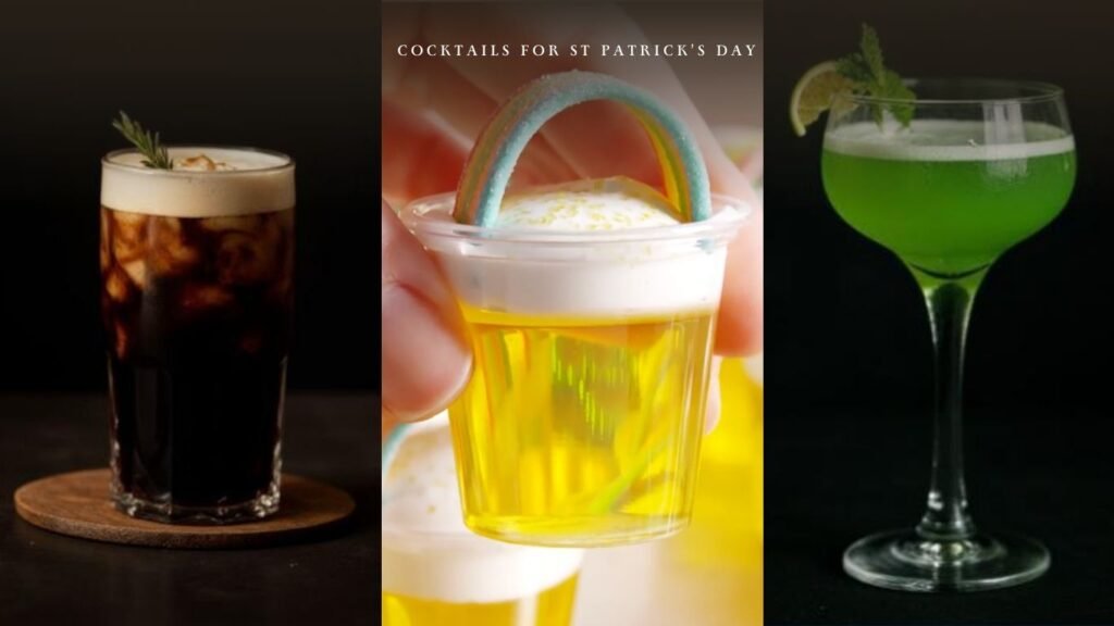 Three St Patrick’s Day cocktails including a Guinness Black Russian, festive rainbow shot, and green mimosa.