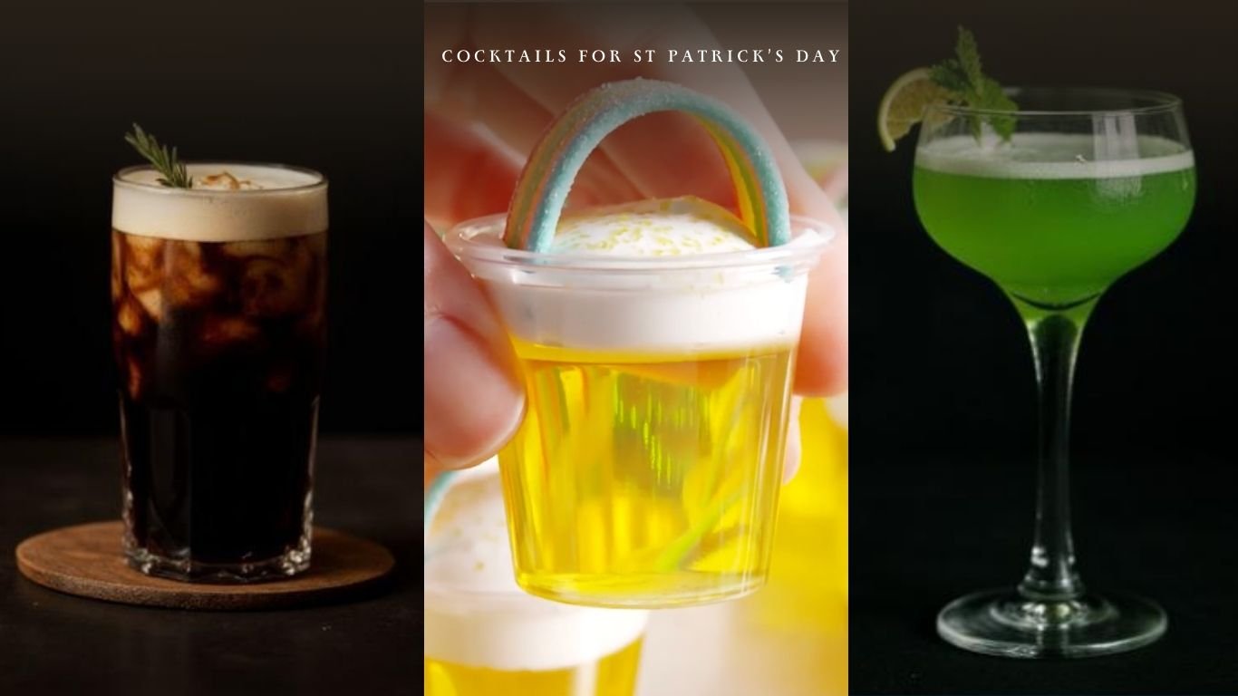 Three St Patrick’s Day cocktails including a Guinness Black Russian, festive rainbow shot, and green mimosa.
