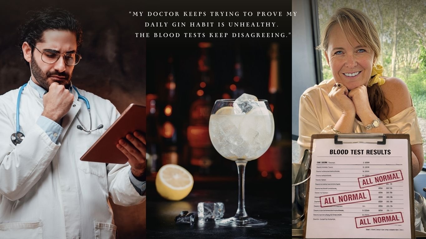 Doctor reviewing health results beside a gin and tonic with a woman holding blood test results marked all normal.