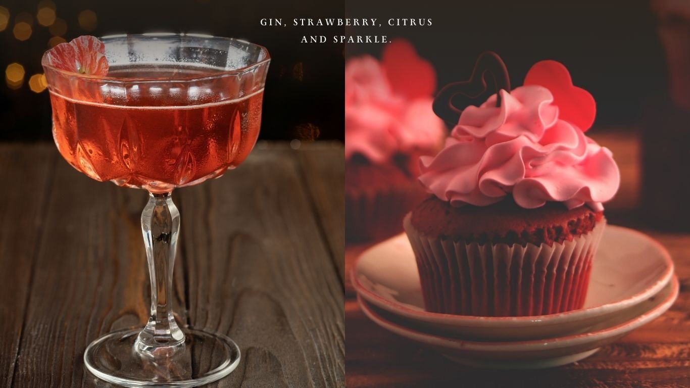 Pink Gin 75 cocktail in coupe glass paired with strawberry and lemon cupcake topped with pink frosting. and Strawberry Gin Drizzle