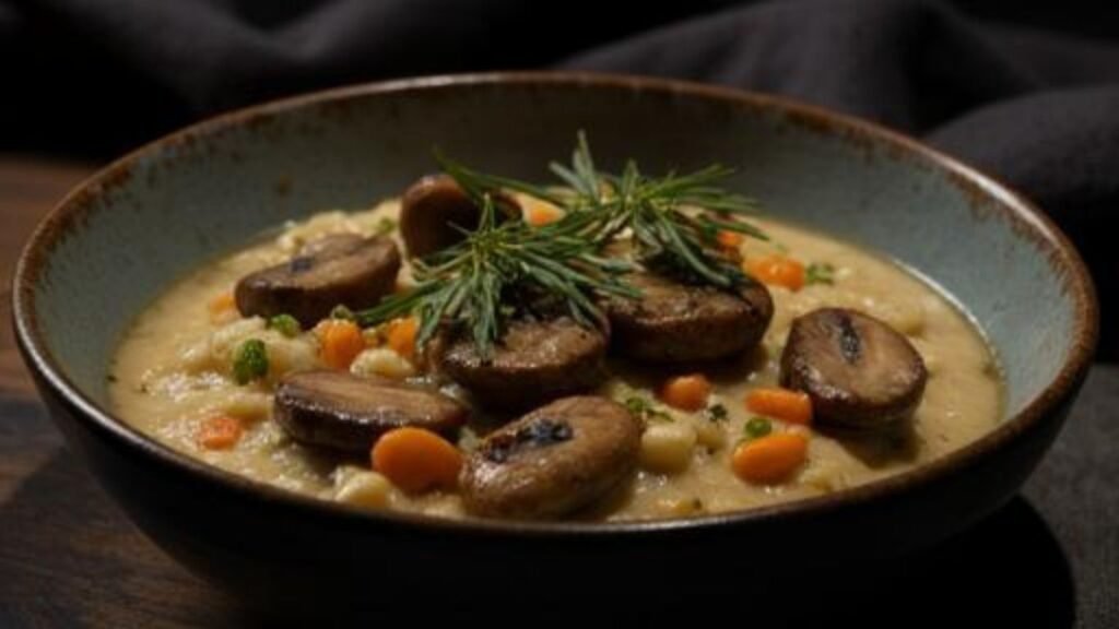 Creamy mushroom risotto topped with sautéed mushrooms and fresh herbs in a rustic bowl.