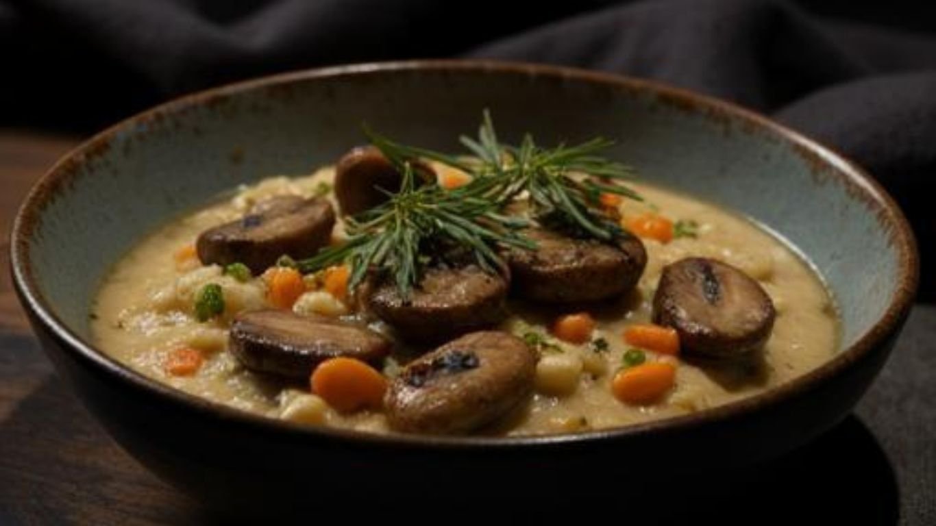 Creamy mushroom risotto topped with sautéed mushrooms and fresh herbs in a rustic bowl.