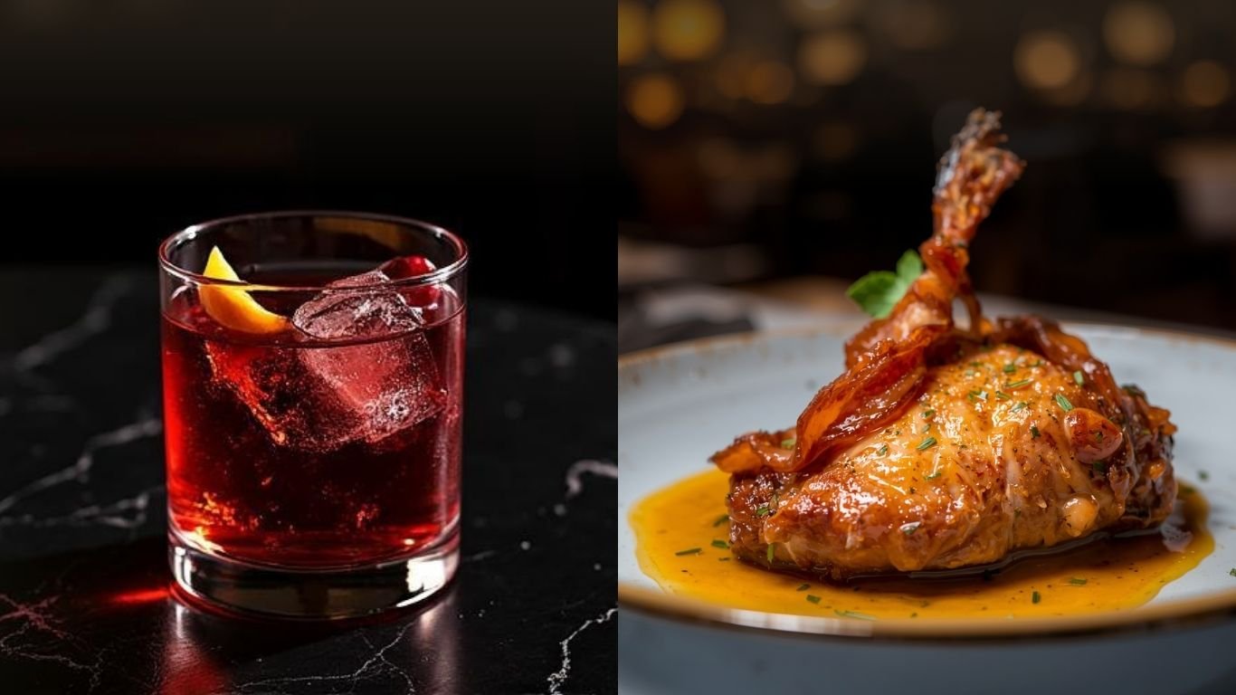 Roast duck with orange sauce paired with red cocktail served over ice with citrus garnish.