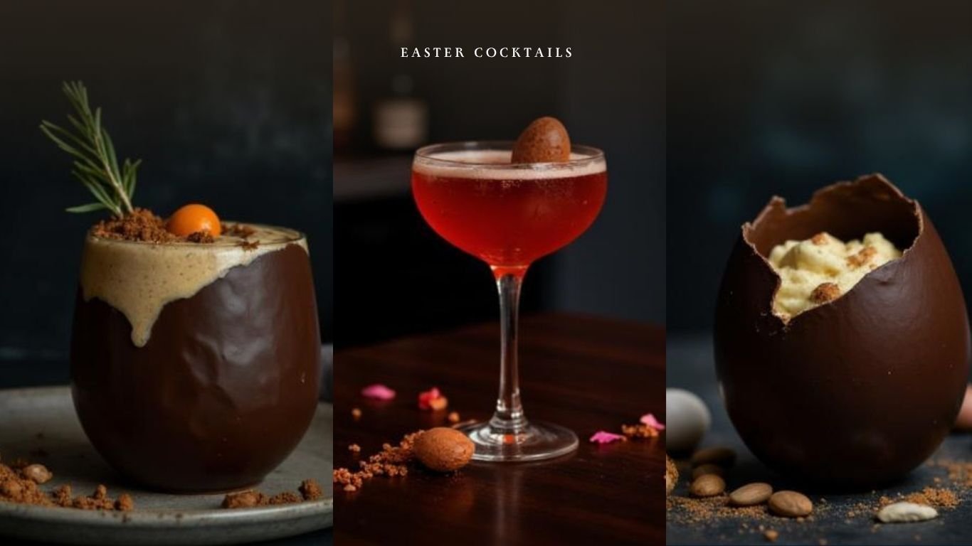 Easter cocktails including XO shake, Mediterranean gin cosmopolitan and salted caramel dessert in chocolate egg.