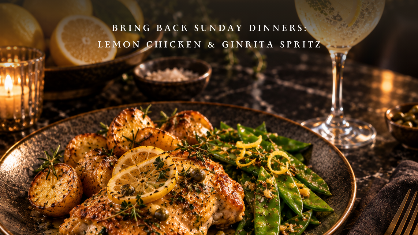 Lemon chicken with roasted potatoes and greens paired with a Ginarita Spritz for Conrad Distillery’s Bring Back Sunday Dinners series.