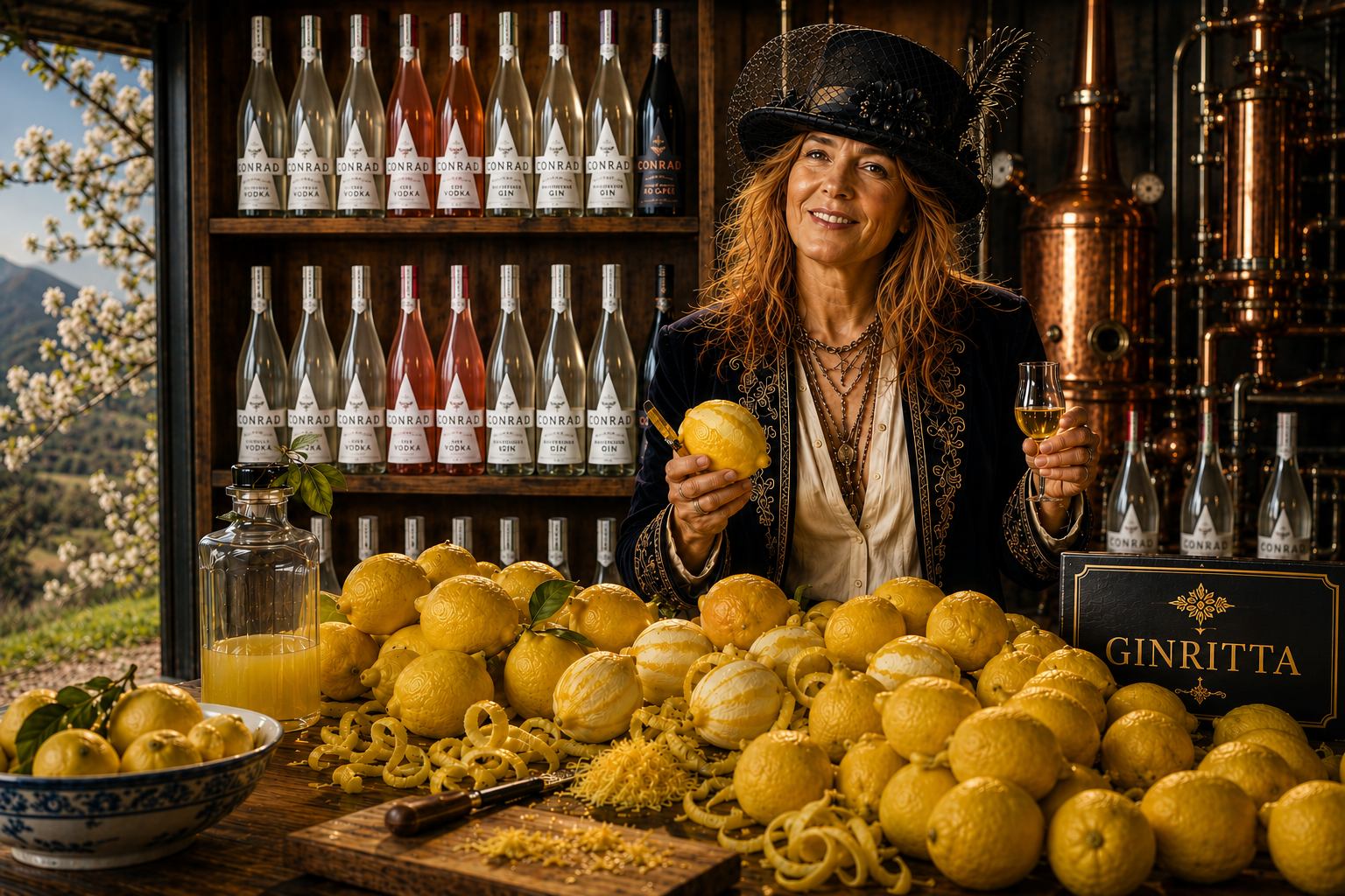 Madame Conrad peeling fresh lemons at Conrad Distillery, surrounded by lemons, Conrad spirits and copper stills while preparing Limoncello for Ginritta. Title