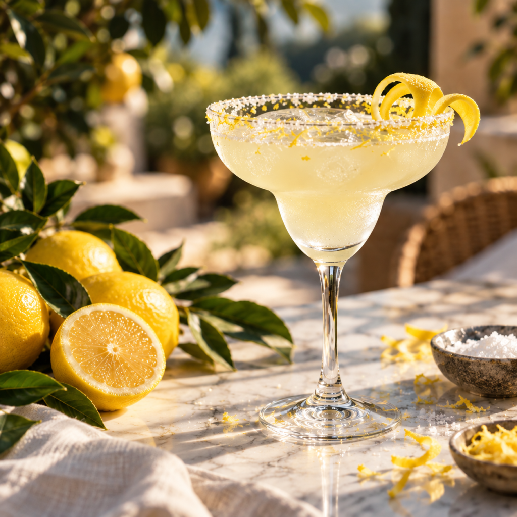 The Lemon Ritta Ginarita cocktail served over ice in a salt-rimmed coupe, garnished with fresh lemon peel and surrounded by lemons.
