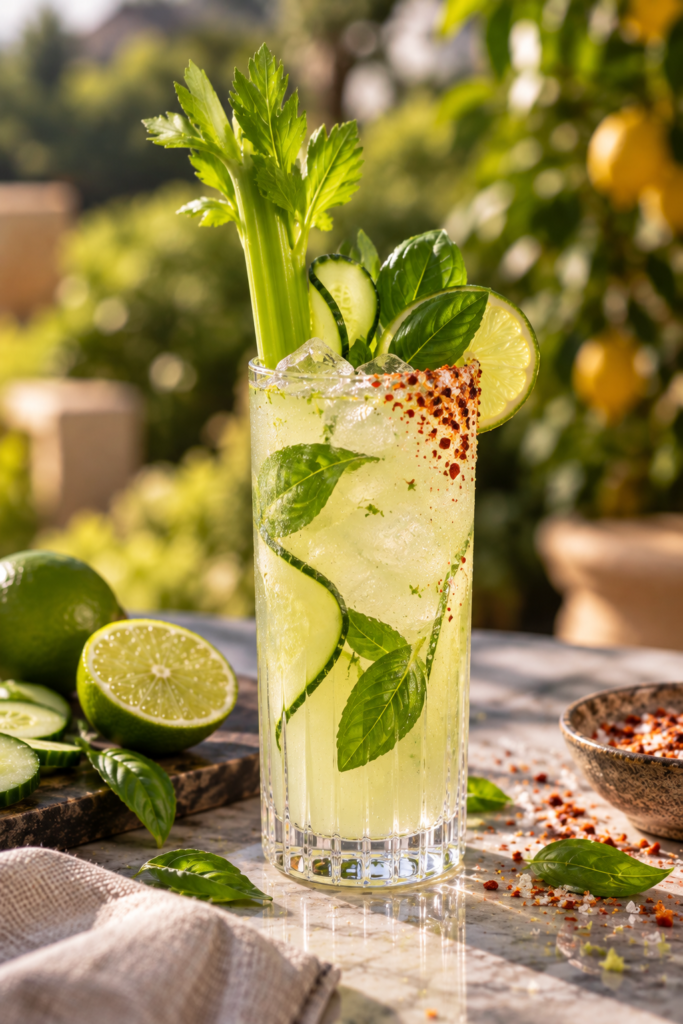 The Garden Ginarita cocktail with cucumber, celery, basil and lime, served over ice with a chilli salt rim in a tall glass.