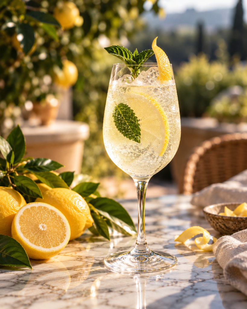 Ginarita Spritz cocktail with sparkling wine, lemon and fresh mint, served over ice in a wine glass surrounded by fresh lemons.