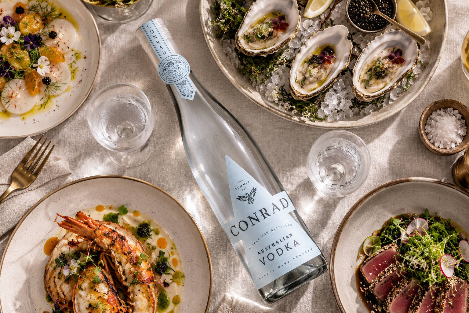 Conrad Australian Vodka served with oysters, scallops, grilled prawns and seared tuna for a seafood and vodka food pairing.