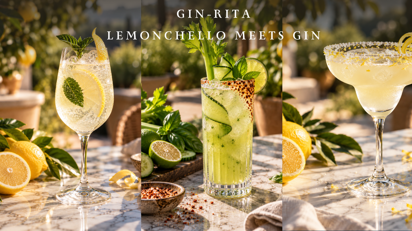 Three Ginarita gin cocktails with lemon, lime, cucumber, mint and basil, showcasing the citrus-inspired Limoncello-meets-gin spirit from Conrad Distillery.