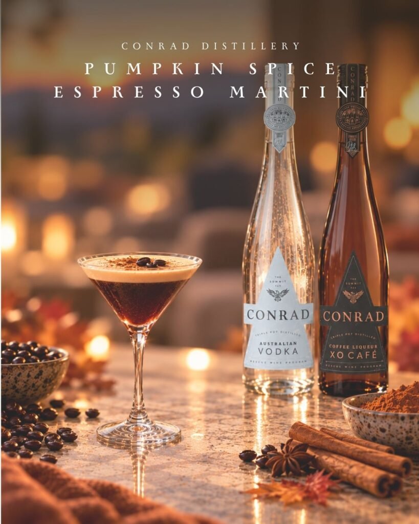 Pumpkin Spice Espresso Martini made with Conrad XO Café coffee liqueur and Australian Vodka, garnished with coffee beans and served alongside both bottles, cinnamon and star anise.