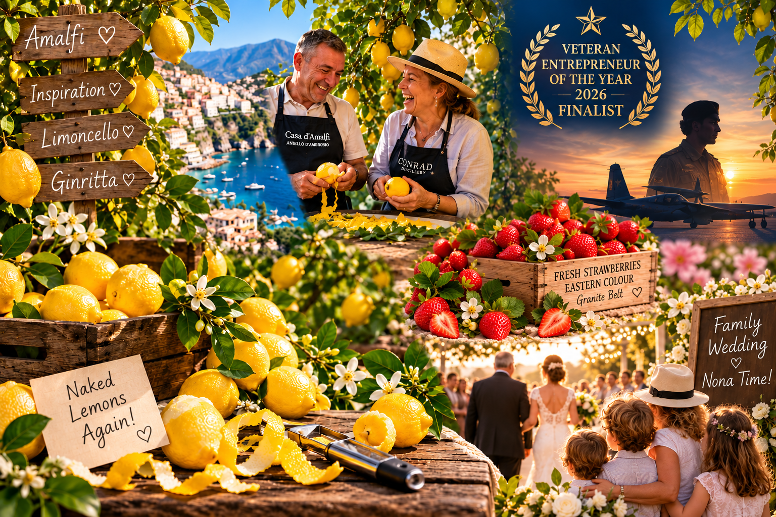 Conrad Distillery newsletter collage featuring Amalfi Coast-inspired Limoncello, fresh Granite Belt strawberries for Pink Gin, 2026 Veteran Entrepreneur of the Year finalist recognition and a family wedding celebration.