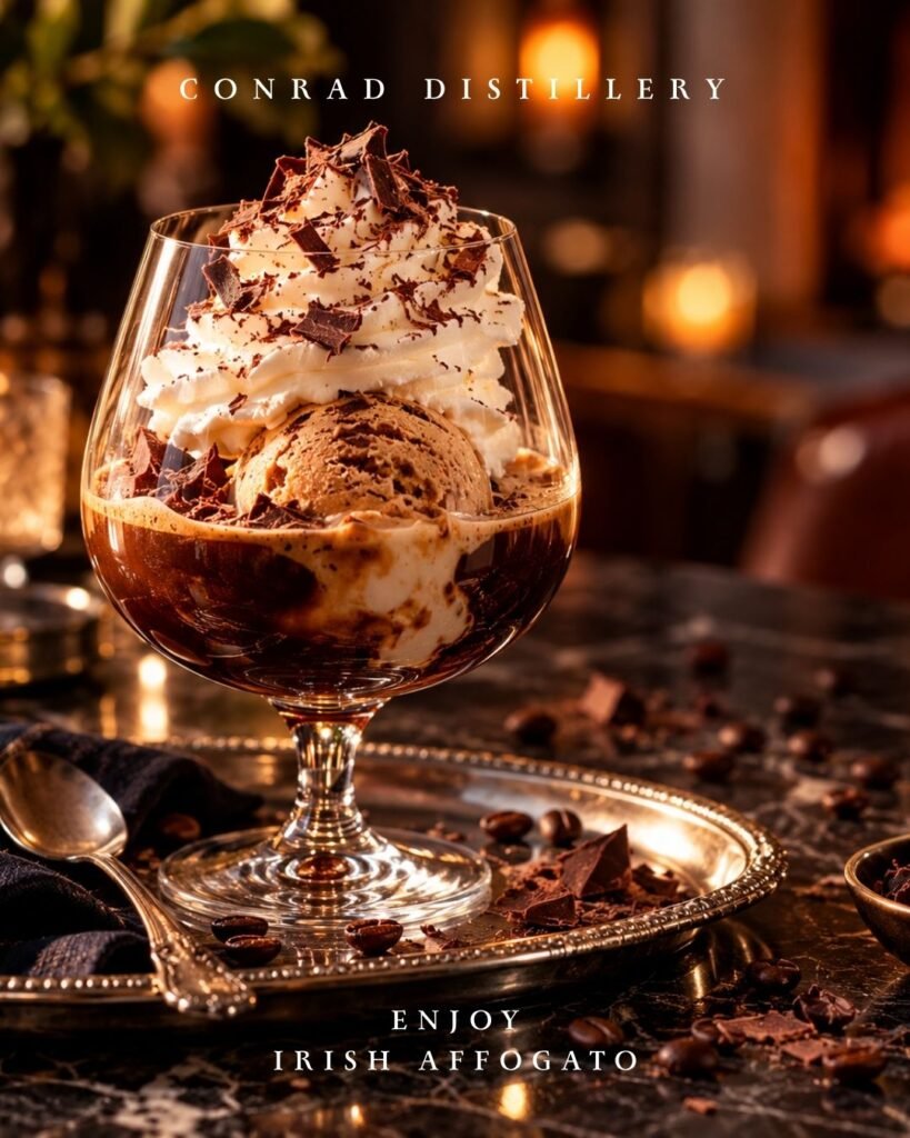 Irish Affogato dessert cocktail made with Conrad XO Café coffee liqueur, featuring coffee ice cream, whipped cream and dark chocolate shavings in an elegant glass.