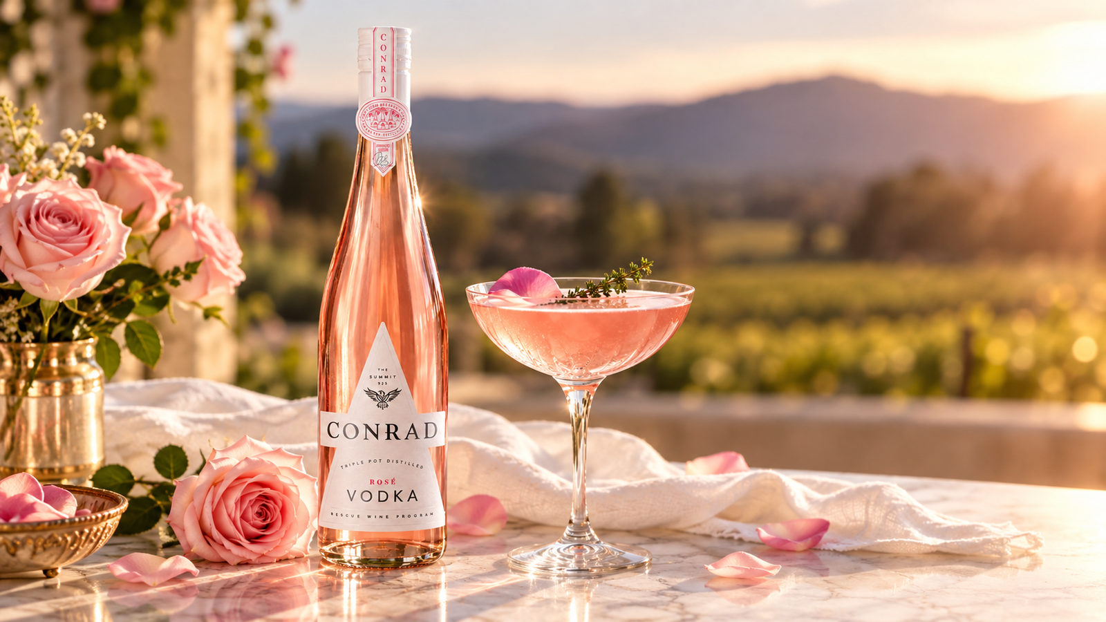 Conrad Vodka Rosé bottle beside an elegant pink rosé vodka cocktail garnished with rose petals and herbs, surrounded by pink roses overlooking a vineyard at sunset.
