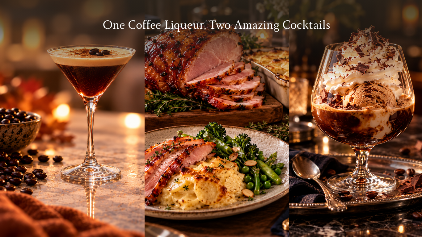 Conrad XO Café coffee liqueur cocktails featuring a Pumpkin Spice Espresso Martini and Irish Affogato, paired with glazed ham, potato gratin and spring greens for Sunday dinner.